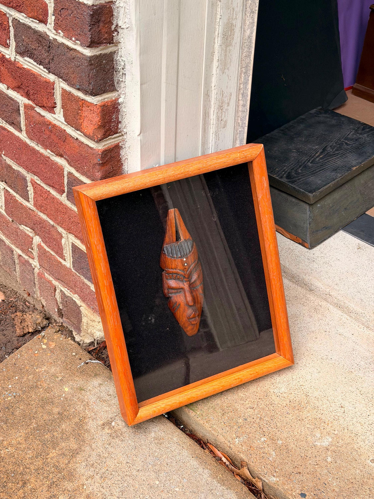 Vintage Framed African Mask Shadow Box - Hand Carved West African Wood Art 15"