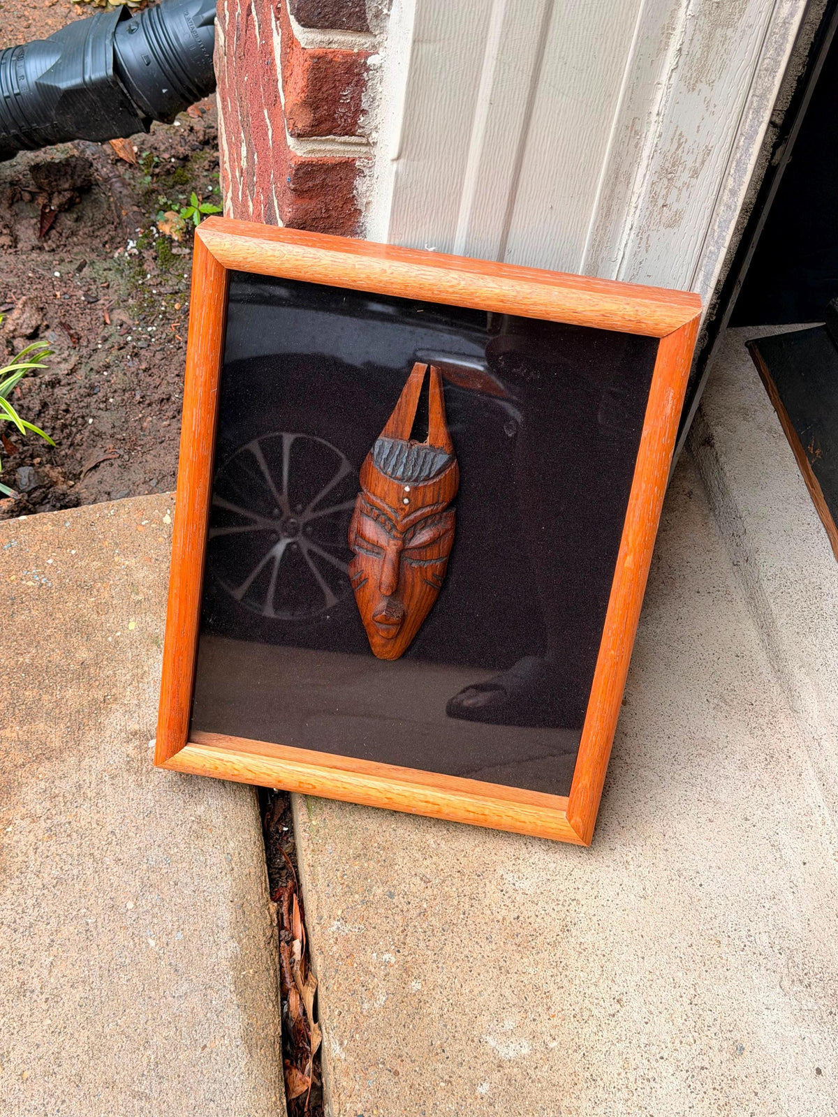 Vintage Framed African Mask Shadow Box - Hand Carved West African Wood Art 15"