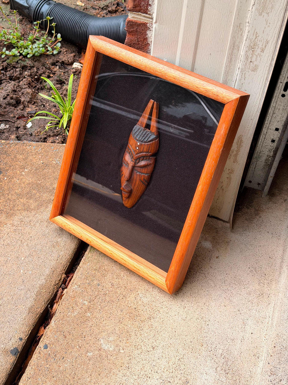 Vintage Framed African Mask Shadow Box - Hand Carved West African Wood Art 15"