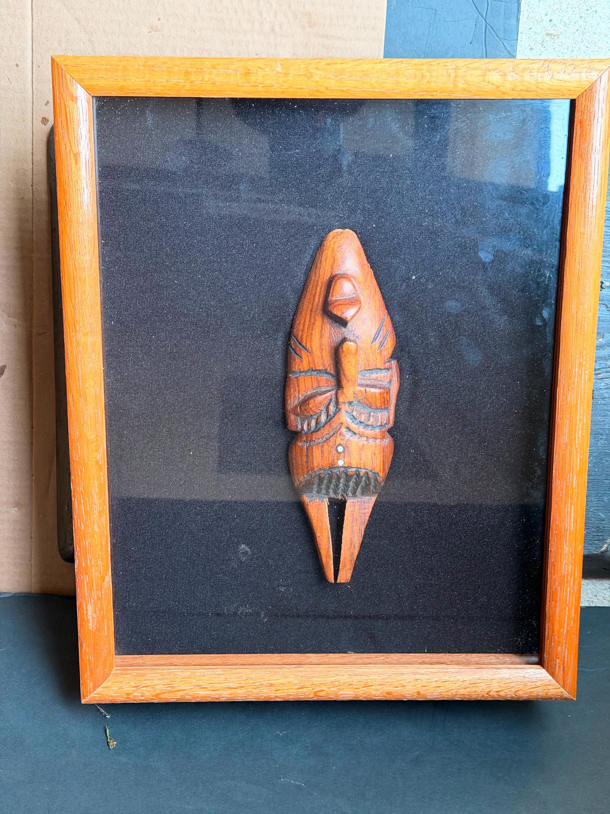 Vintage Framed African Mask Shadow Box - Hand Carved West African Wood Art 15"