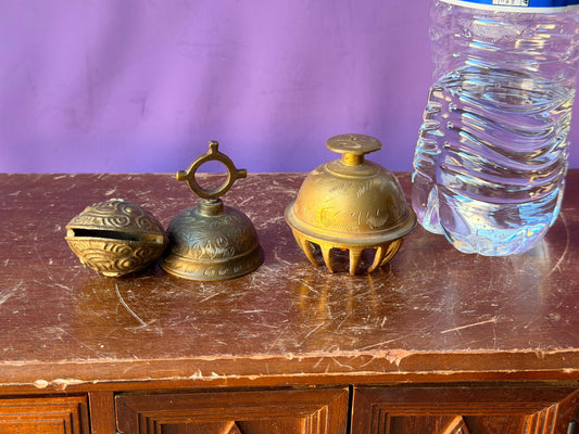 Vintage Indian Brass Elephant Bell Set Crotal Bells Trio Ritual Decor 2.2"