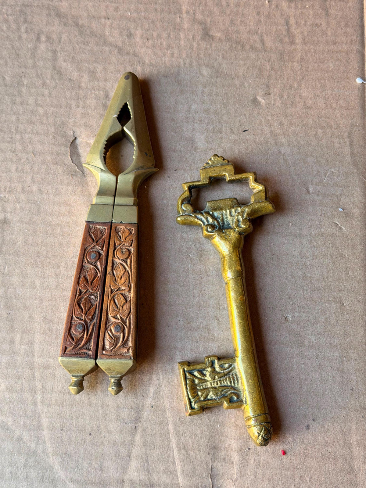 Vintage Indian Brass Key Bottle Opener and Carved Wood Nutcracker Set