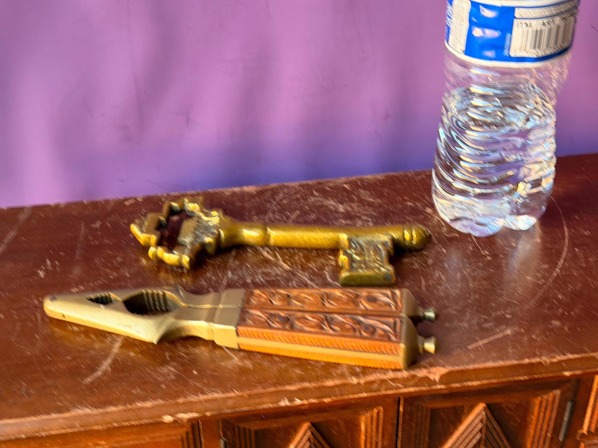 Vintage Indian Brass Key Bottle Opener and Carved Wood Nutcracker Set