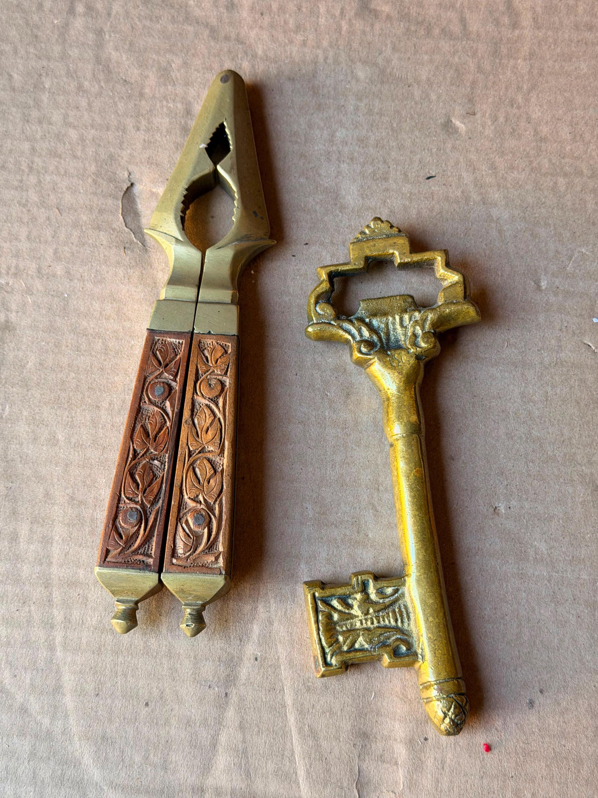 Vintage Indian Brass Key Bottle Opener and Carved Wood Nutcracker Set