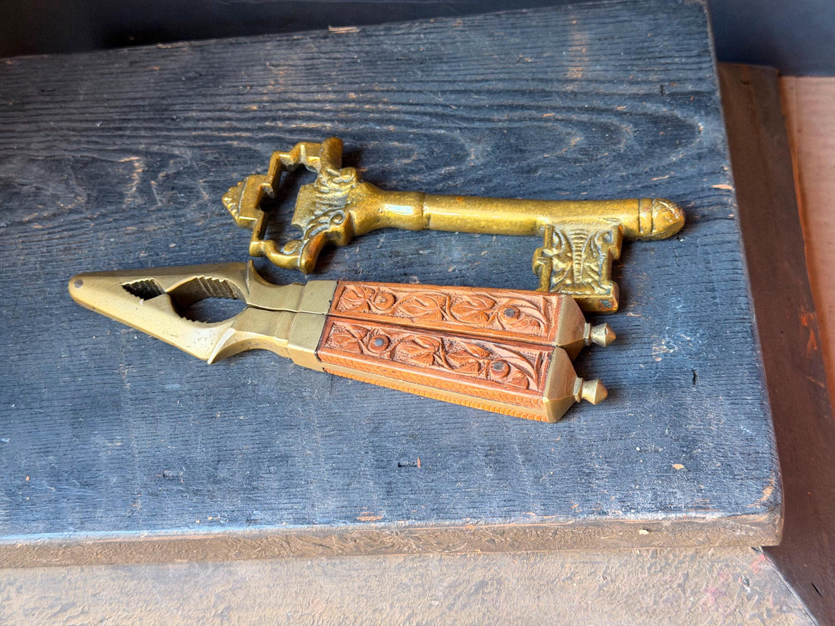 Vintage Indian Brass Key Bottle Opener and Carved Wood Nutcracker Set