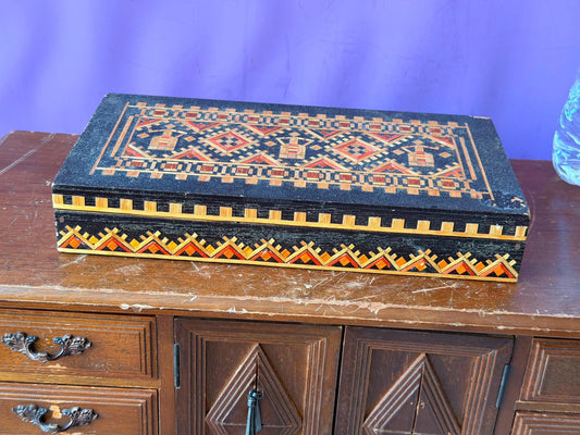 Vintage Ukrainian Straw Marquetry Box - Eastern European Folk Art Case 9.5"