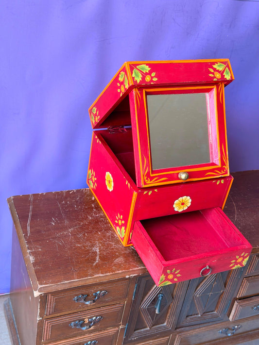 Vintage Indian Rajasthani Hand Painted Red Wooden Vanity Mirror Box Chest