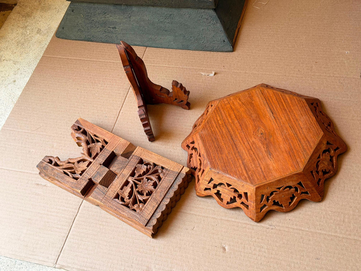Vintage Indian Carved Wood Rehal Book Stand Tray Set - Saharanpur Art