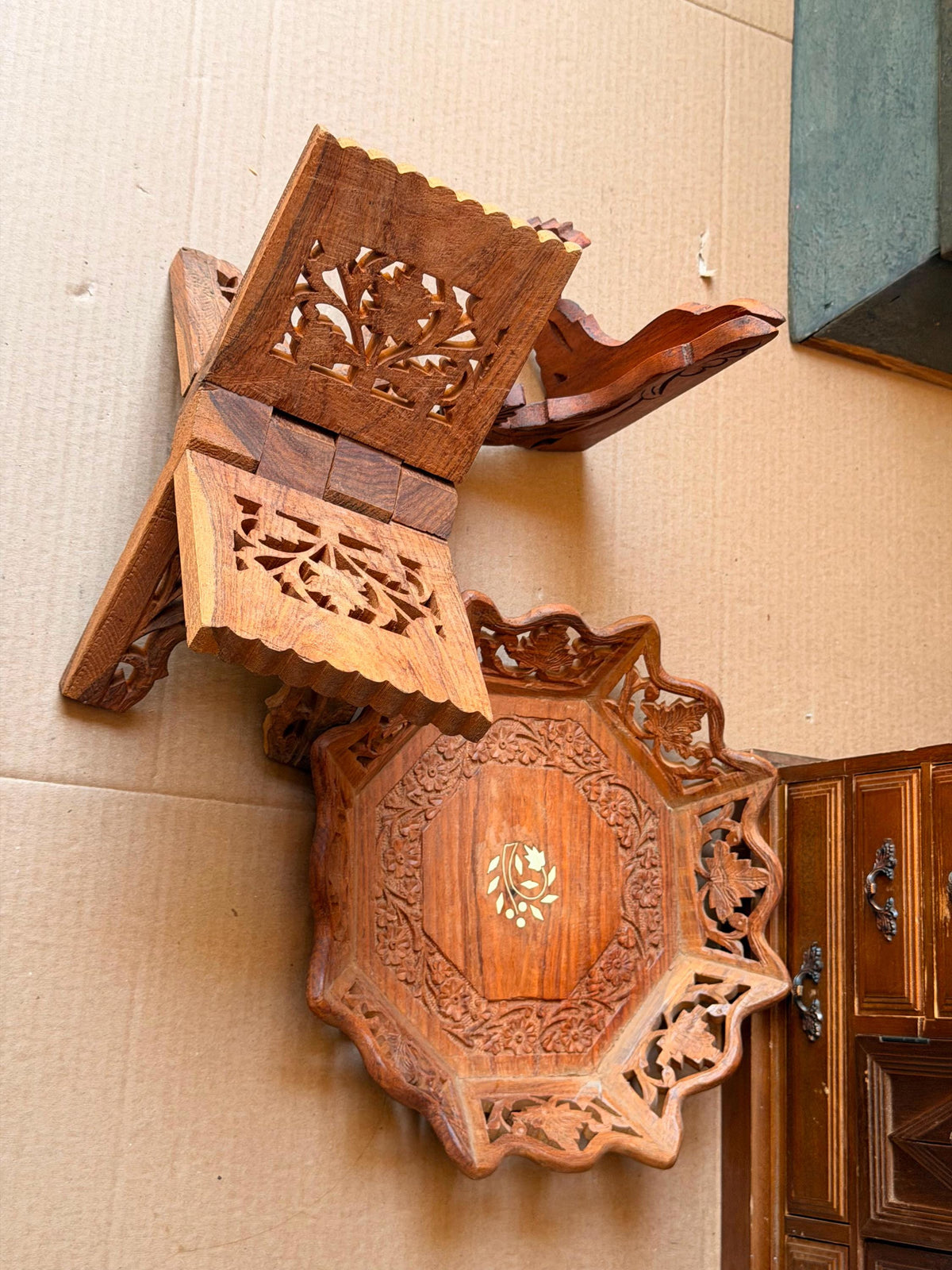 Vintage Indian Carved Wood Rehal Book Stand Tray Set - Saharanpur Art