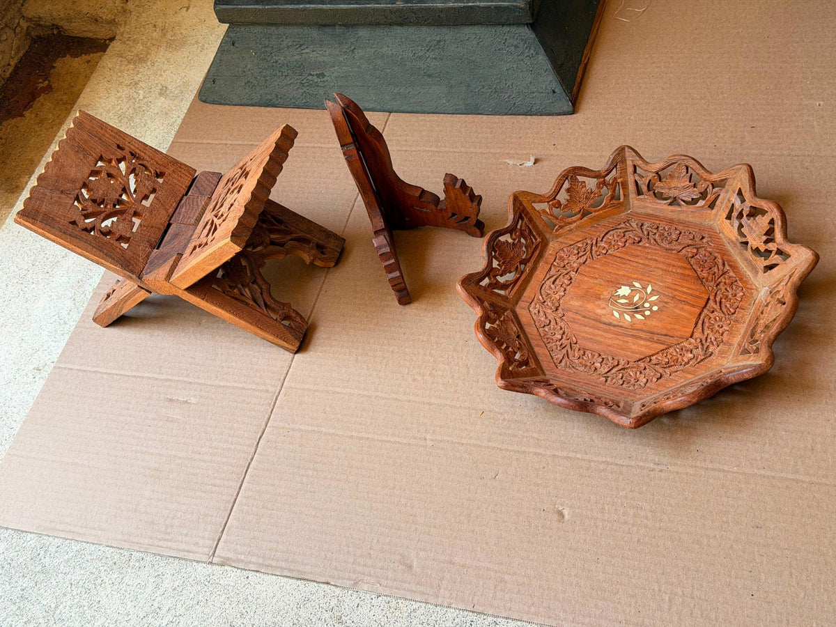 Vintage Indian Carved Wood Rehal Book Stand Tray Set - Saharanpur Art