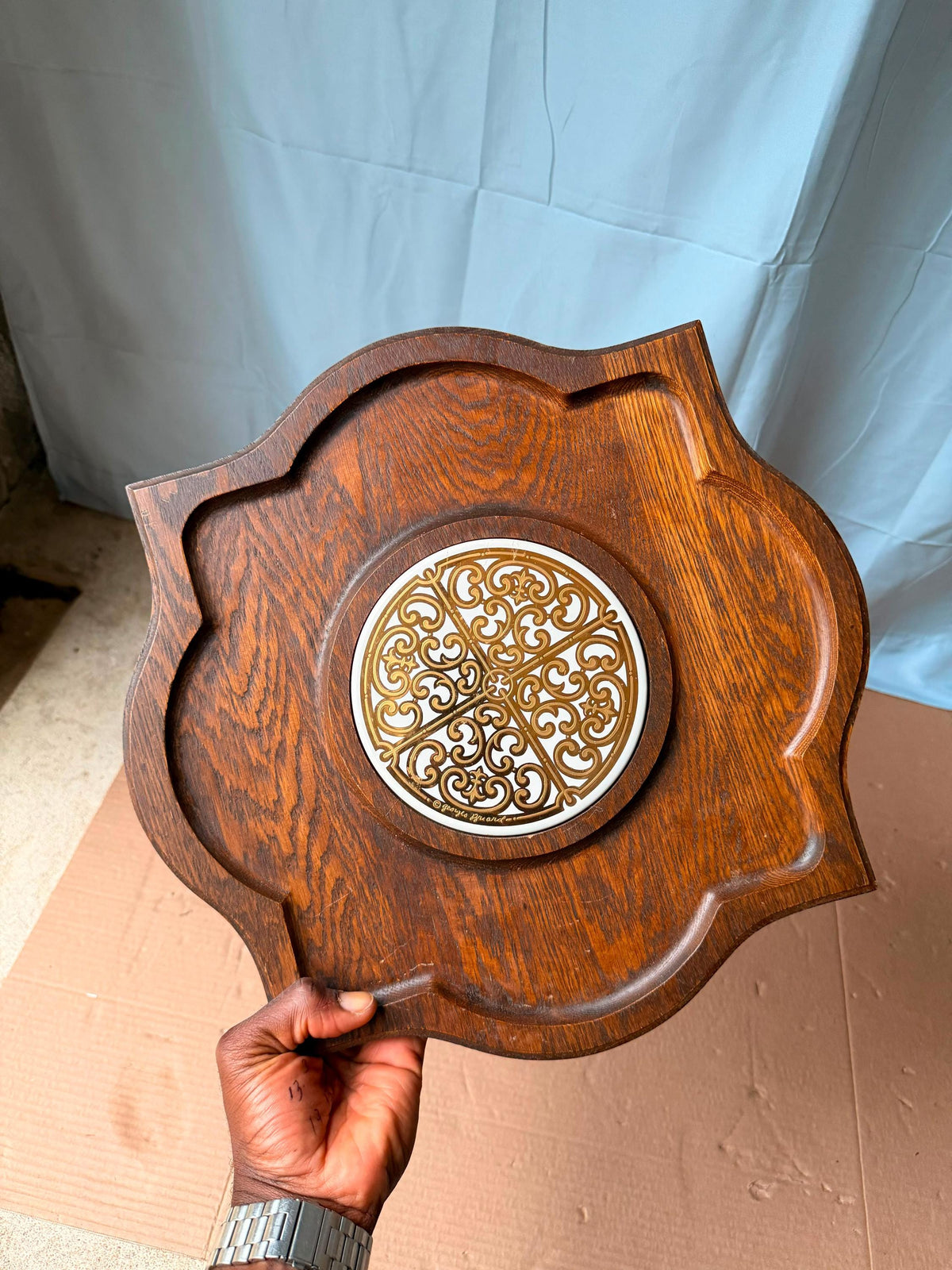 Vintage Georges Briard Mid Century Wooden Serving Tray Tile Inlay Cheese Board
