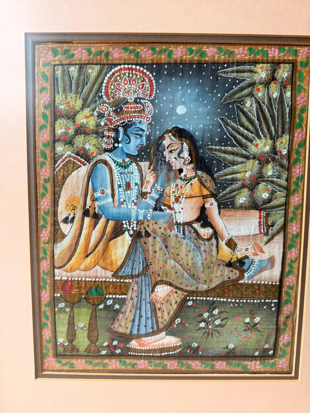 Vintage Radha Krishna Framed Indian Miniature Painting Devotional Art