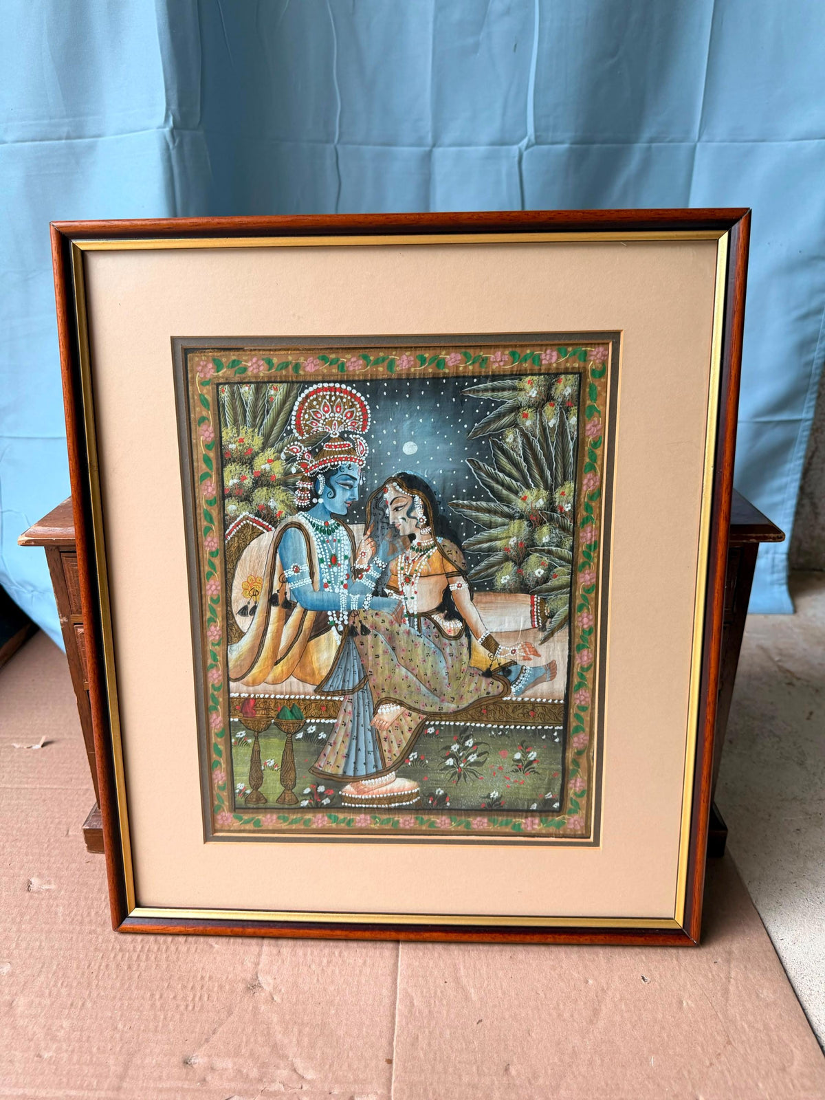 Vintage Radha Krishna Framed Indian Miniature Painting Devotional Art