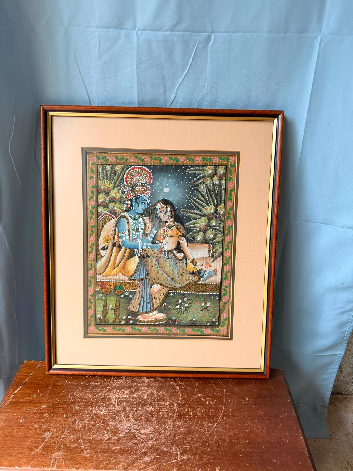 Vintage Radha Krishna Framed Indian Miniature Painting Devotional Art