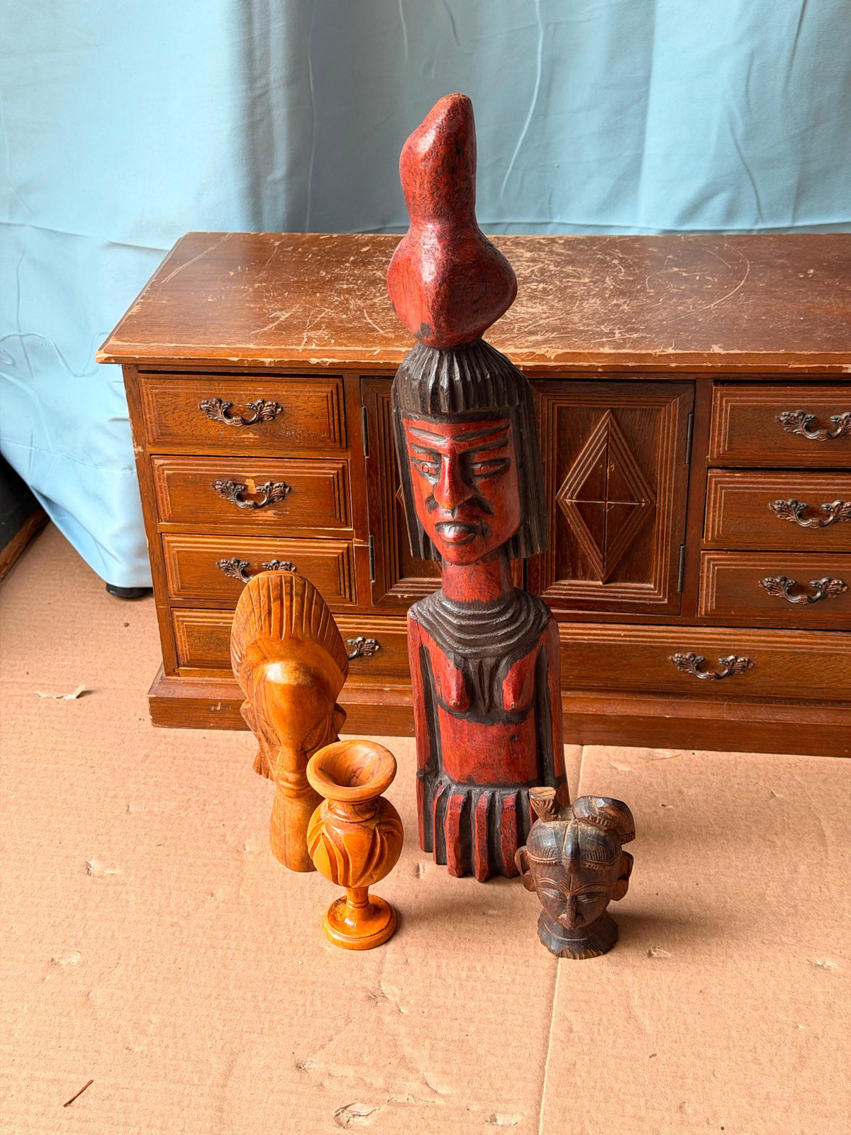 Vintage Global Folk Art Carving Lot - Mexican Aguadora & Hindu Deity Head