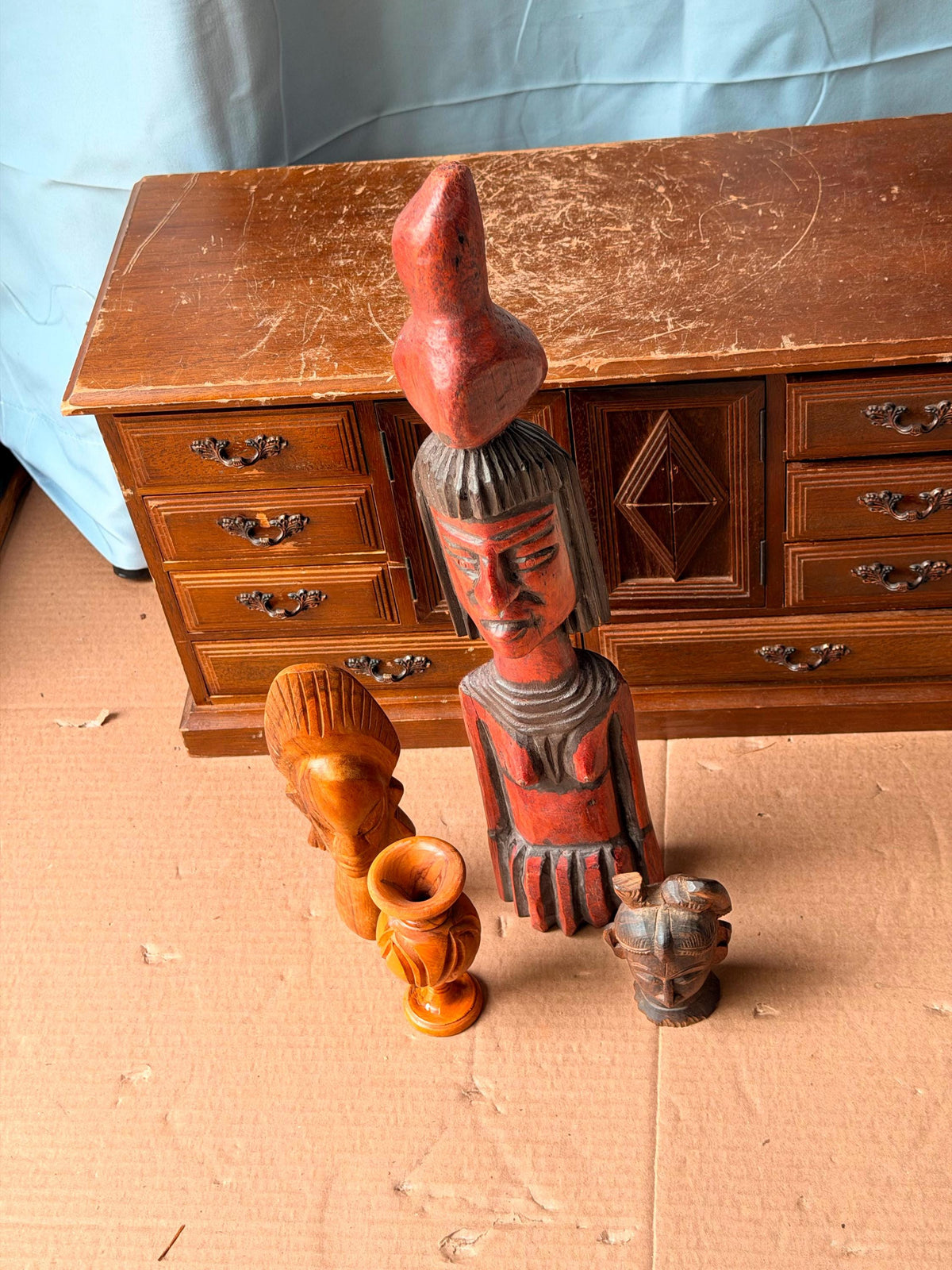 Vintage Global Folk Art Carving Lot - Mexican Aguadora & Hindu Deity Head