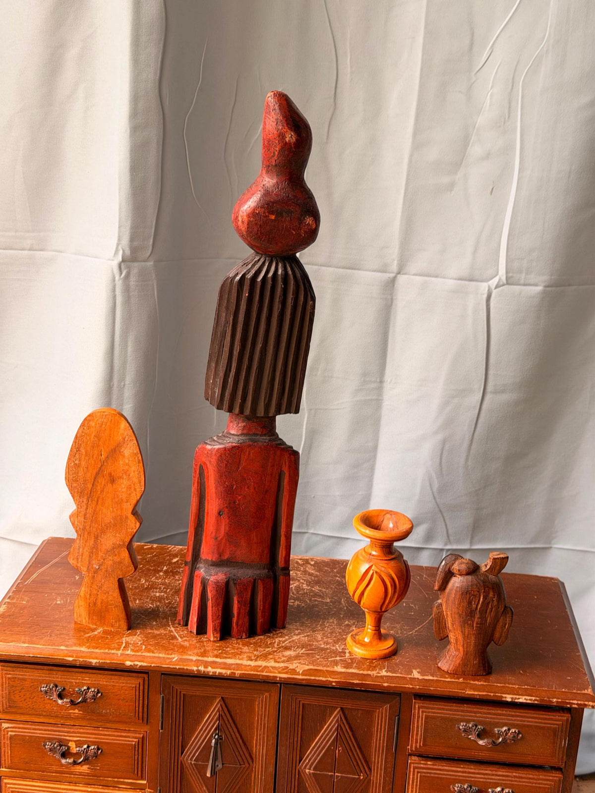 Vintage Global Folk Art Carving Lot - Mexican Aguadora & Hindu Deity Head
