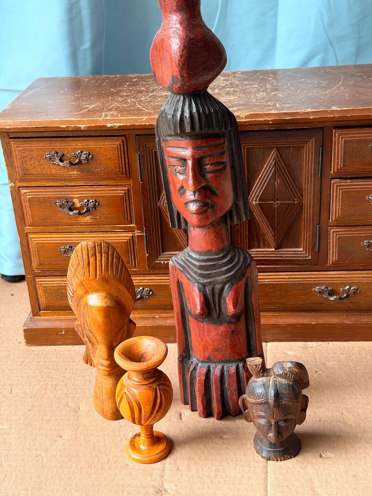 Vintage Global Folk Art Carving Lot - Mexican Aguadora & Hindu Deity Head