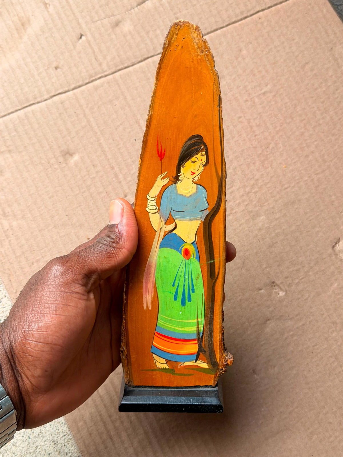 Vintage Indian Hand Painted Live Edge Wood Slab Painting - Folk Art Maiden