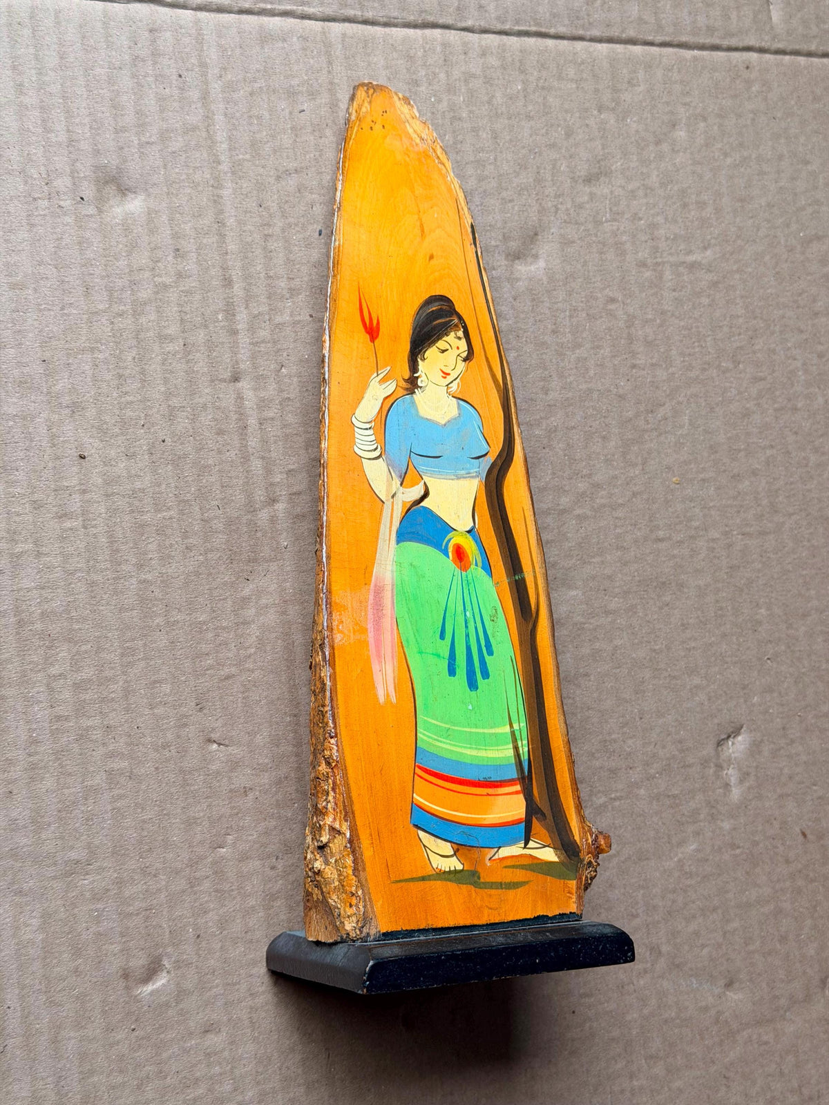 Vintage Indian Hand Painted Live Edge Wood Slab Painting - Folk Art Maiden