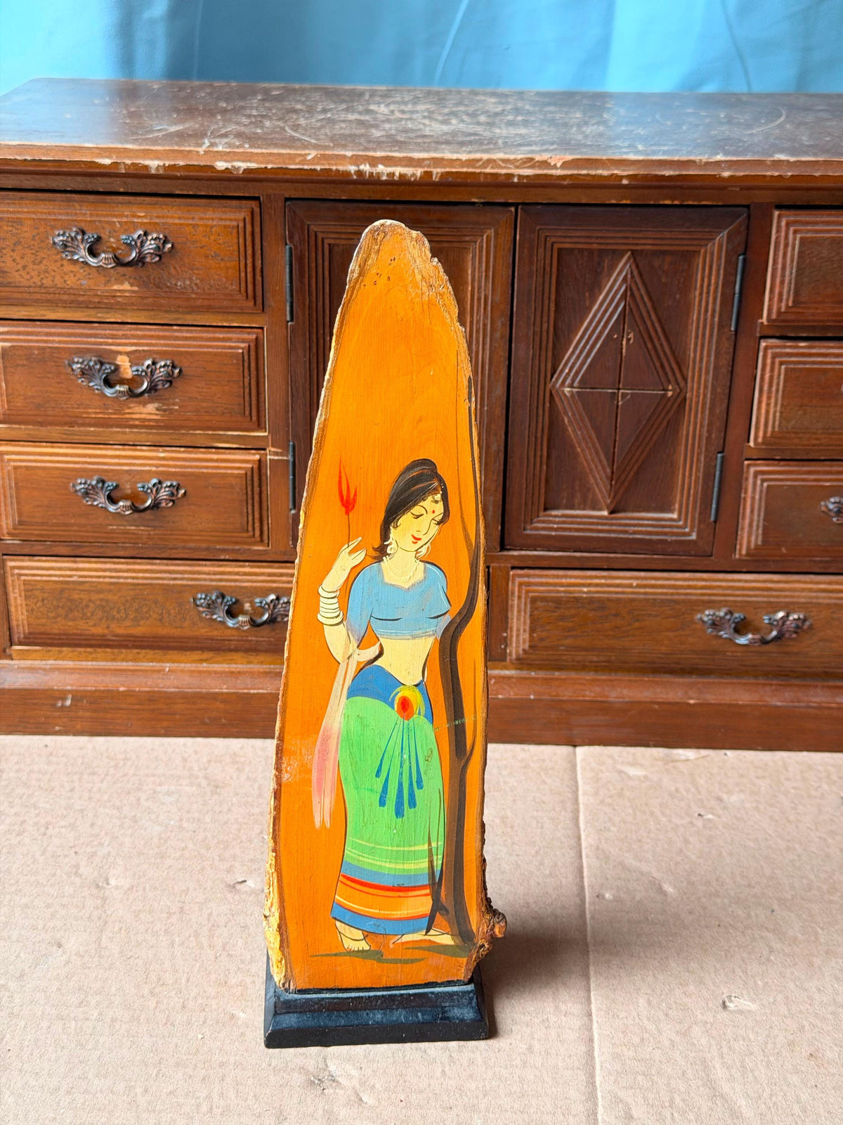 Vintage Indian Hand Painted Live Edge Wood Slab Painting - Folk Art Maiden