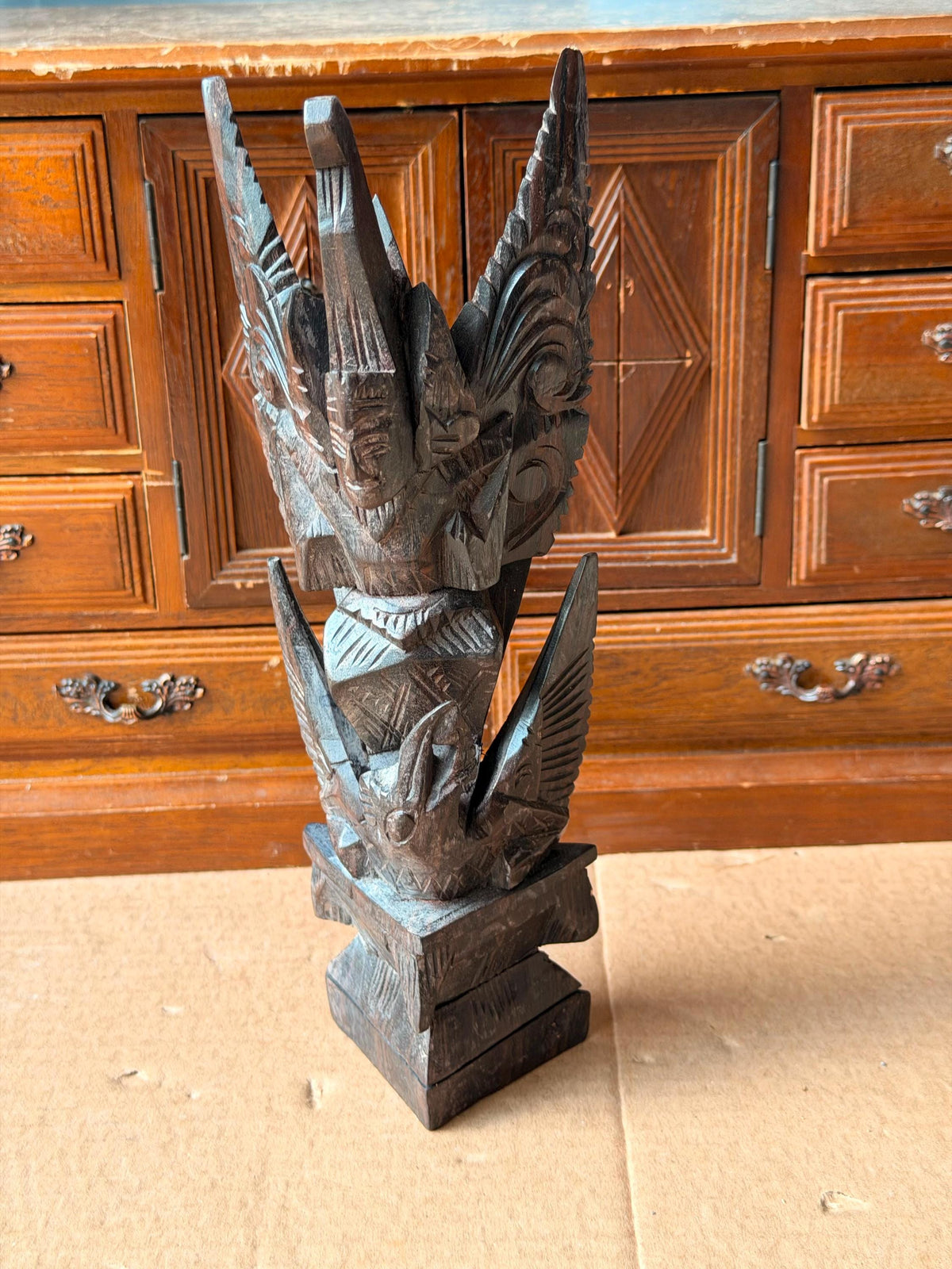 Vintage Balinese Hand Carved Ebony Winged Garuda Deity Indonesian Statue Art