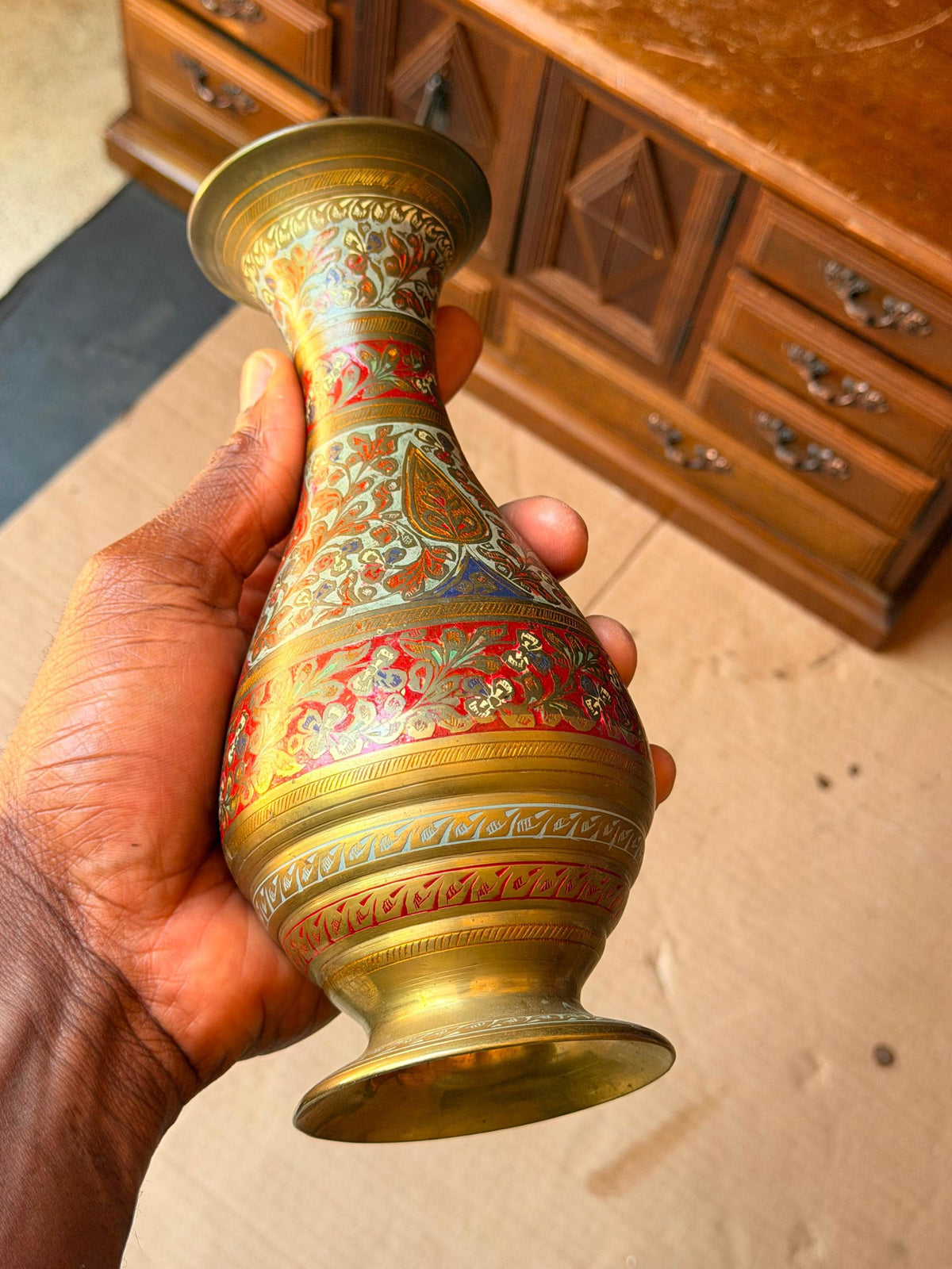 Vintage Indian Hand Engraved Enamel Brass Aftaba Ewer Pitcher Vase