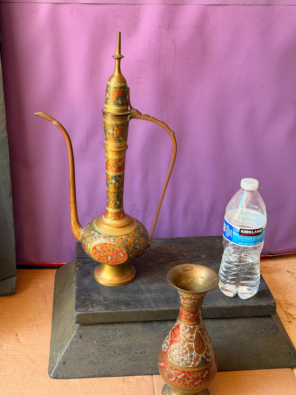 Vintage Indian Hand Engraved Enamel Brass Aftaba Ewer Pitcher Vase