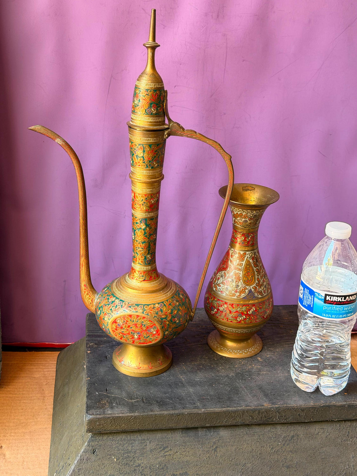 Vintage Indian Hand Engraved Enamel Brass Aftaba Ewer Pitcher Vase