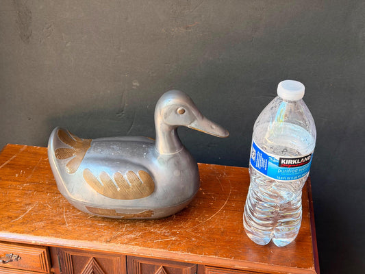 Vintage Pewter Brass Duck Trinket Box Lidded Metal Dish Decoy Statue