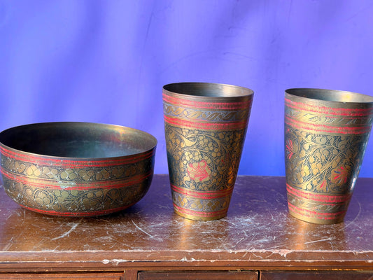 Vintage Etched Brass Bowl Cups Set Red Enamel Botanical Vessel Tableware 3Pc