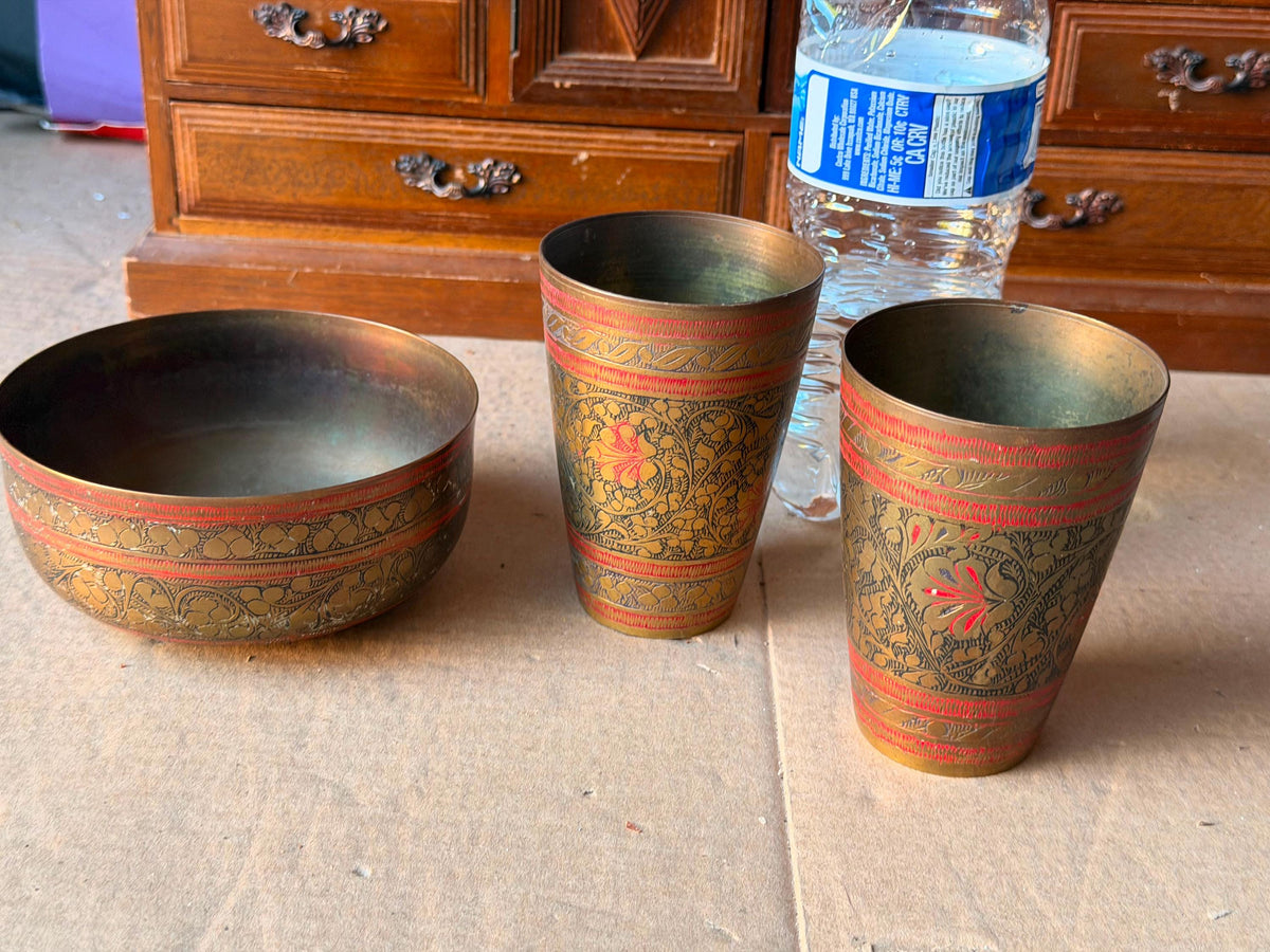 Vintage Etched Brass Bowl Cups Set Red Enamel Botanical Vessel Tableware 3Pc