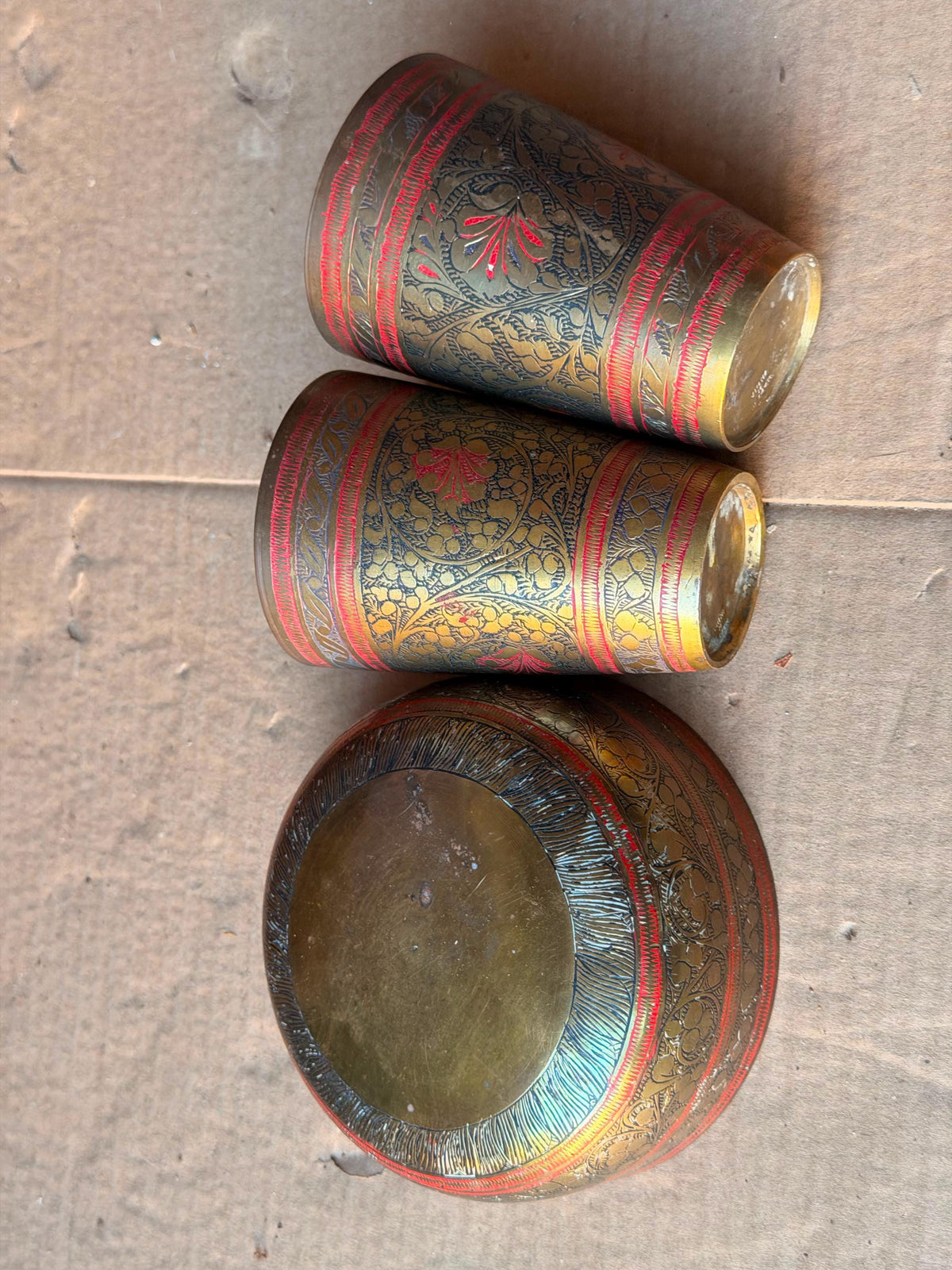 Vintage Etched Brass Bowl Cups Set Red Enamel Botanical Vessel Tableware 3Pc