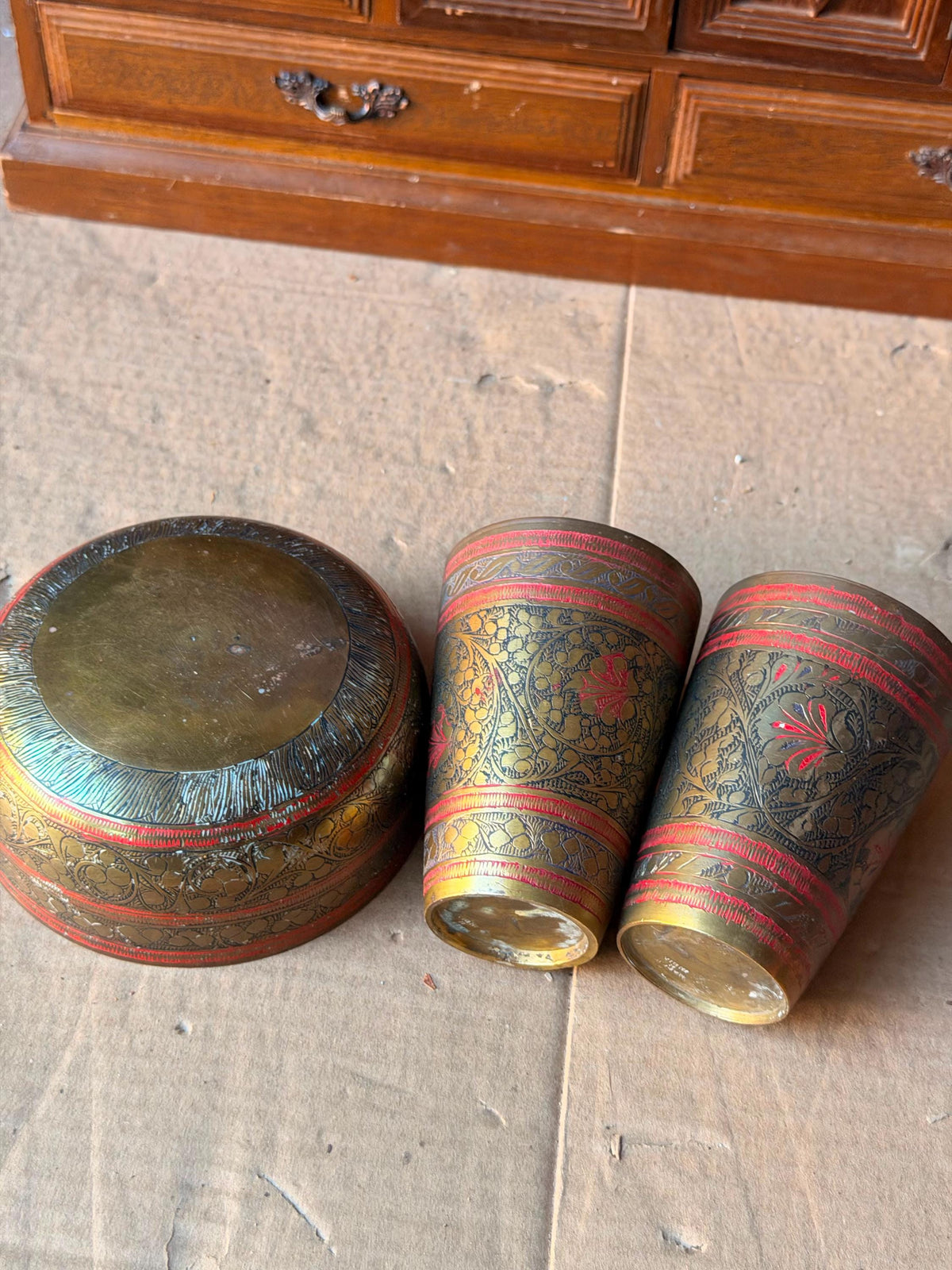 Vintage Etched Brass Bowl Cups Set Red Enamel Botanical Vessel Tableware 3Pc