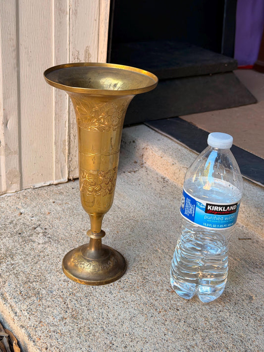 Vintage Tall Brass Trumpet Vase Hand Engraved Floral Pedestal Vessel