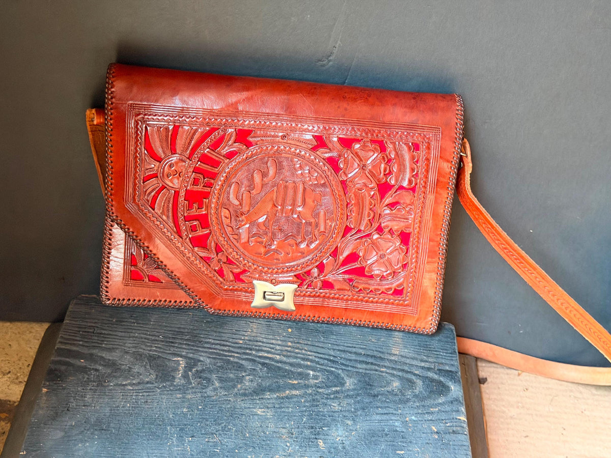 Peruvian Hand Tooled Leather Bag, Vintage Llama Cutout Satchel with Red Felt, Andean Folk Art Shoulder Purse