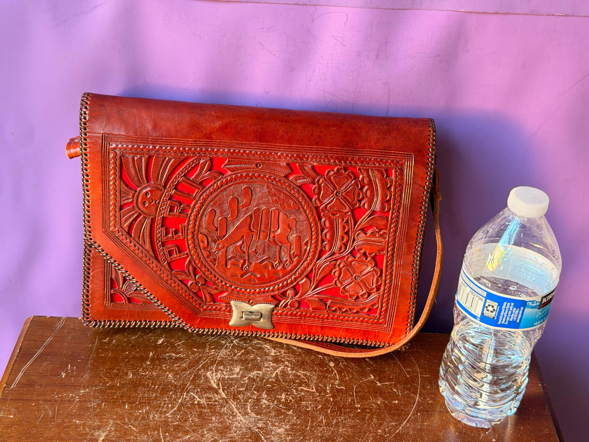 Peruvian Hand Tooled Leather Bag, Vintage Llama Cutout Satchel with Red Felt, Andean Folk Art Shoulder Purse