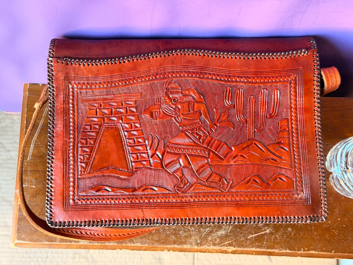 Peruvian Hand Tooled Leather Bag, Vintage Llama Cutout Satchel with Red Felt, Andean Folk Art Shoulder Purse