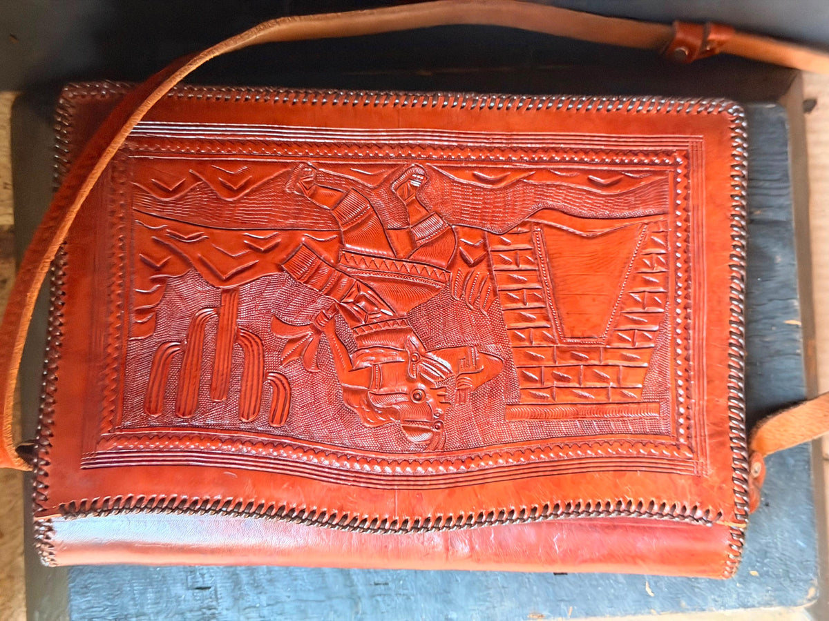 Peruvian Hand Tooled Leather Bag, Vintage Llama Cutout Satchel with Red Felt, Andean Folk Art Shoulder Purse