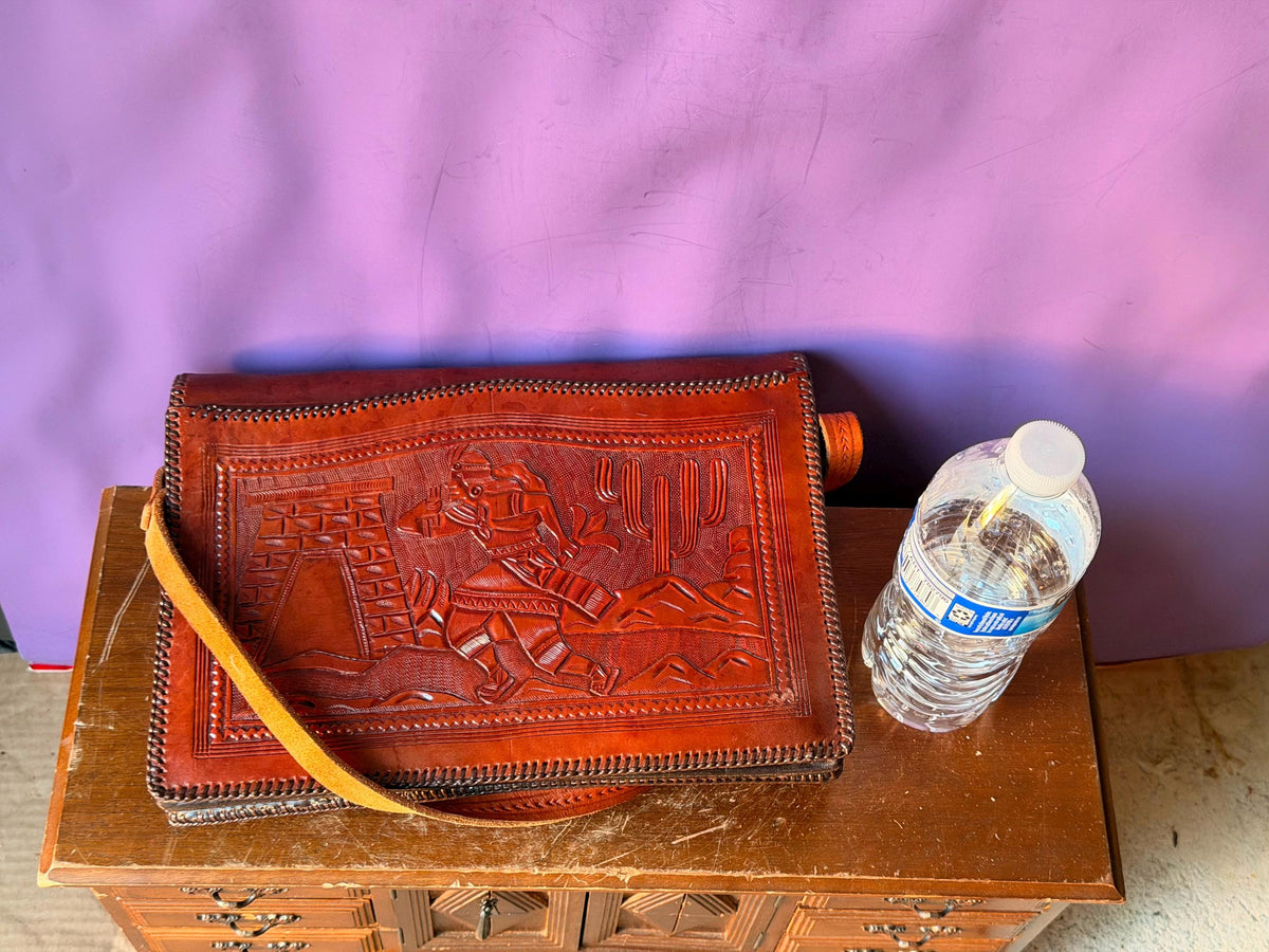 Peruvian Hand Tooled Leather Bag, Vintage Llama Cutout Satchel with Red Felt, Andean Folk Art Shoulder Purse