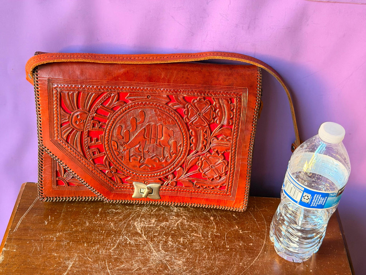 Peruvian Hand Tooled Leather Bag, Vintage Llama Cutout Satchel with Red Felt, Andean Folk Art Shoulder Purse