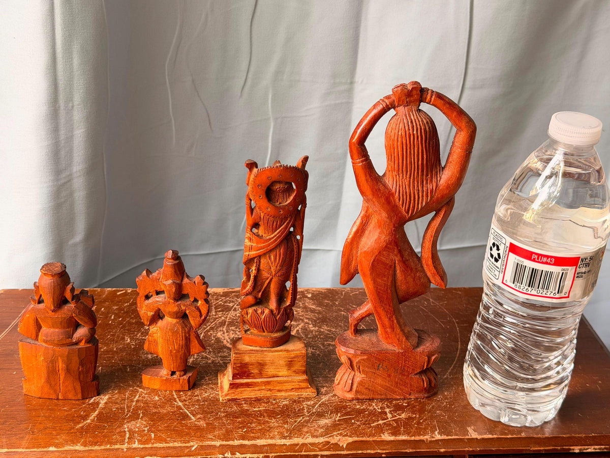 Vintage Indian Hand Carved Wood Deity Statues - Hindu Apsara Idol Set of 4