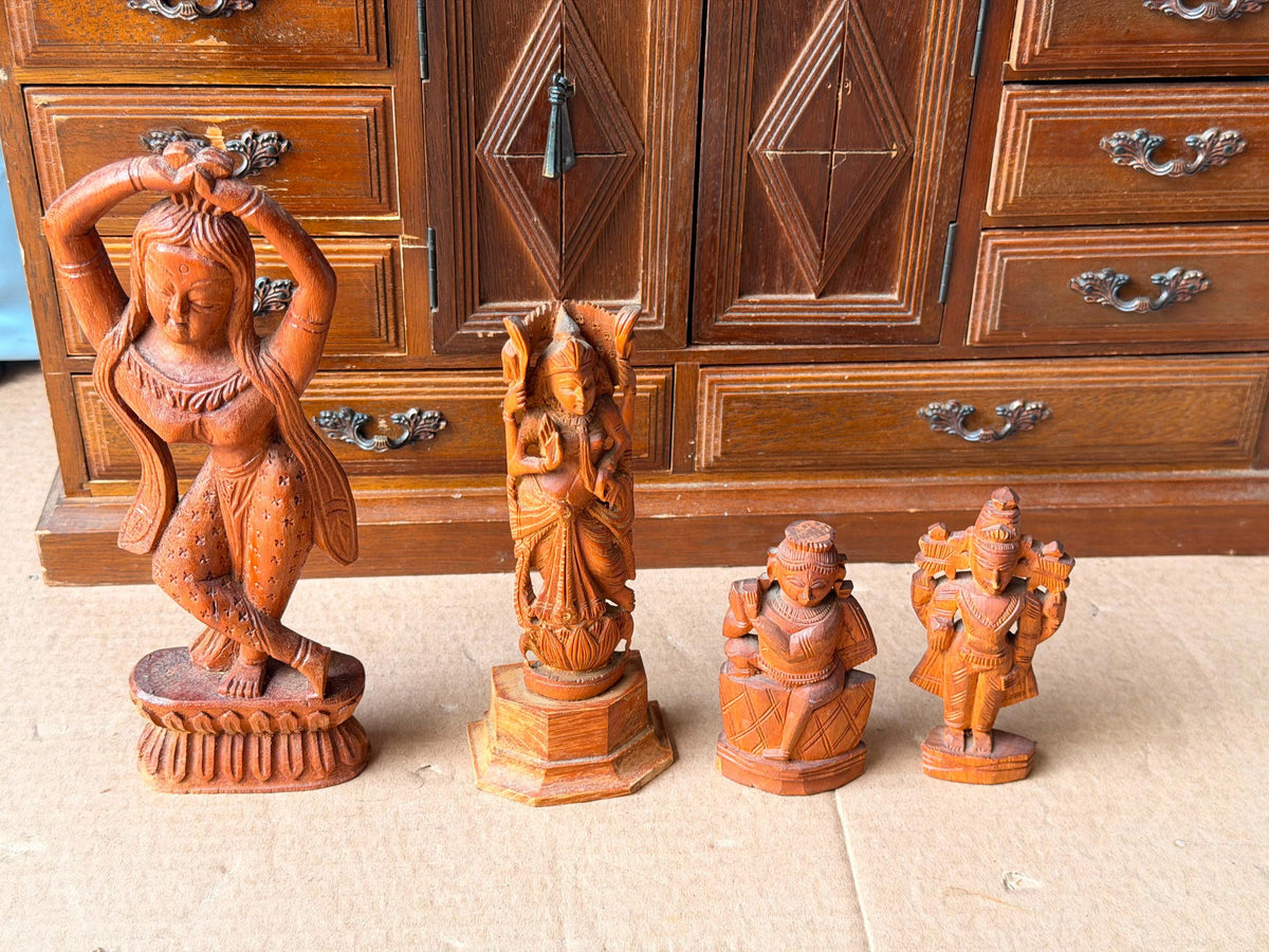 Vintage Indian Hand Carved Wood Deity Statues - Hindu Apsara Idol Set of 4