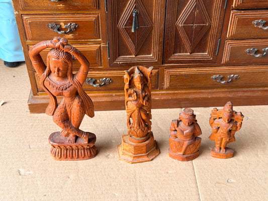 Vintage Indian Hand Carved Wood Deity Statues - Hindu Apsara Idol Set of 4