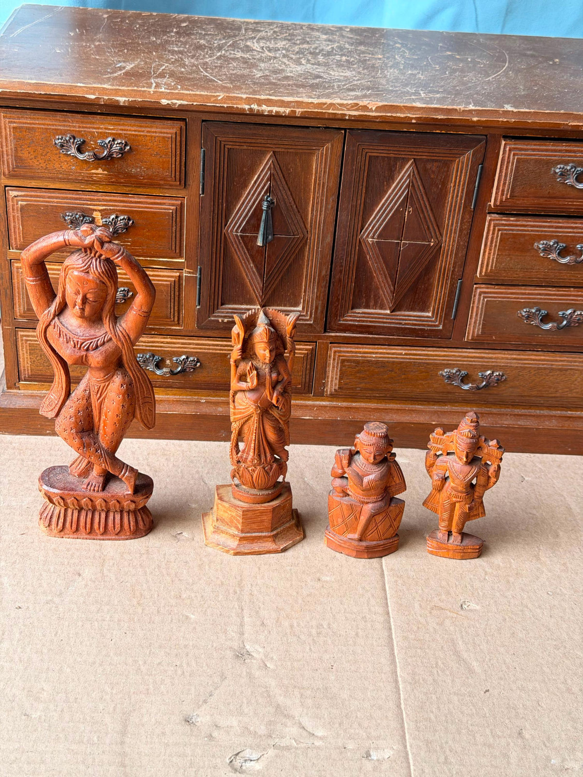 Vintage Indian Hand Carved Wood Deity Statues - Hindu Apsara Idol Set of 4