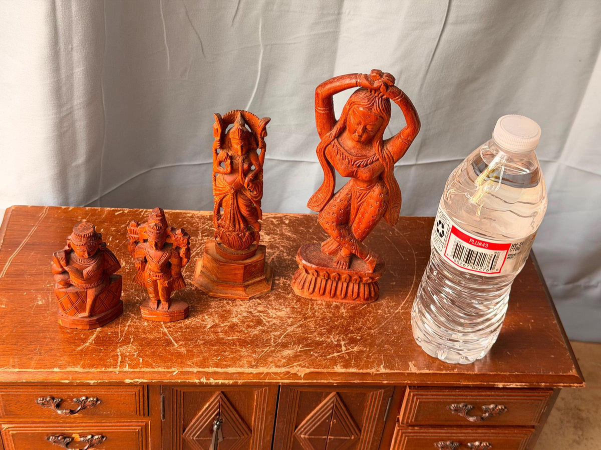 Vintage Indian Hand Carved Wood Deity Statues - Hindu Apsara Idol Set of 4