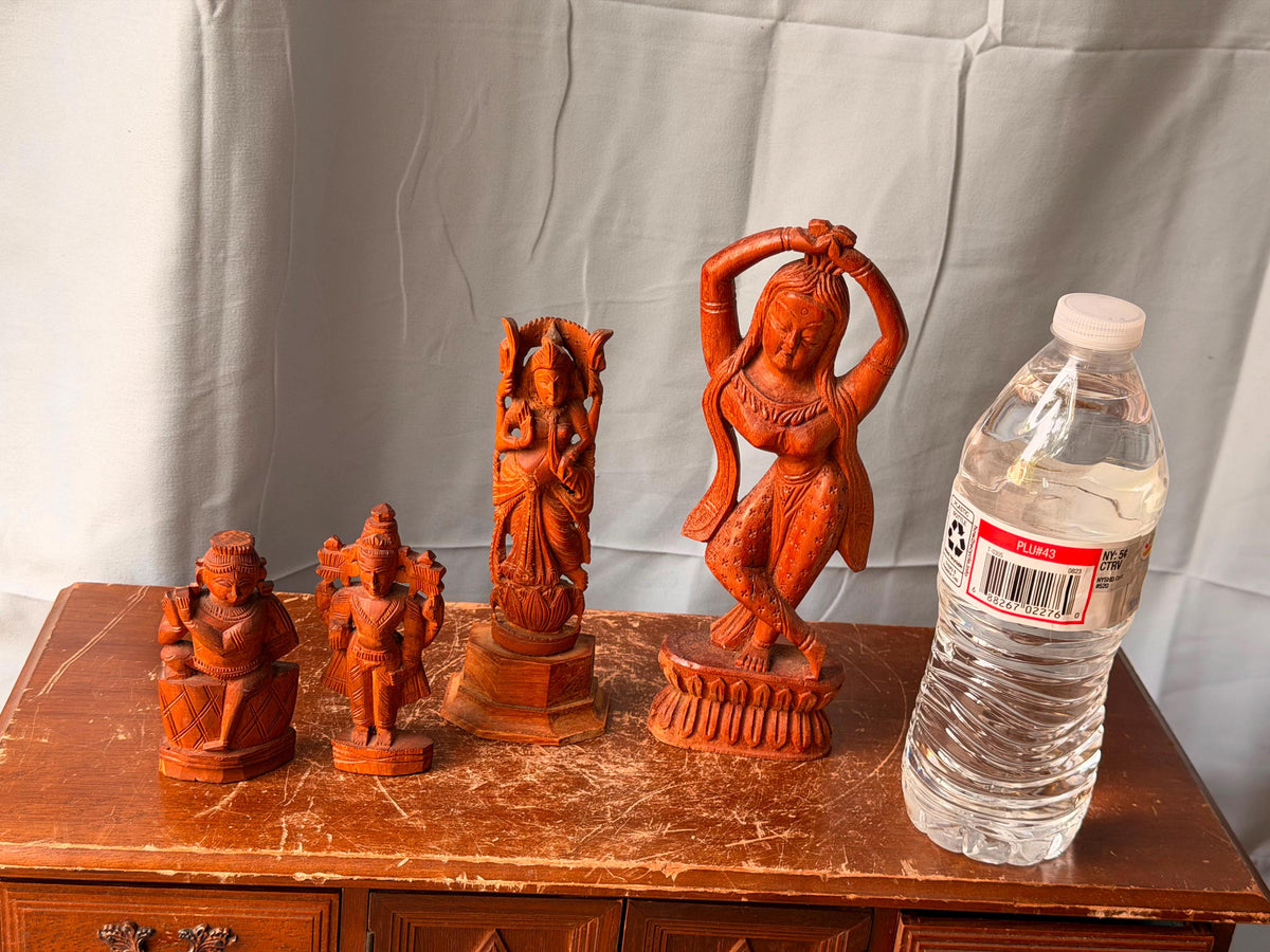 Vintage Indian Hand Carved Wood Deity Statues - Hindu Apsara Idol Set of 4