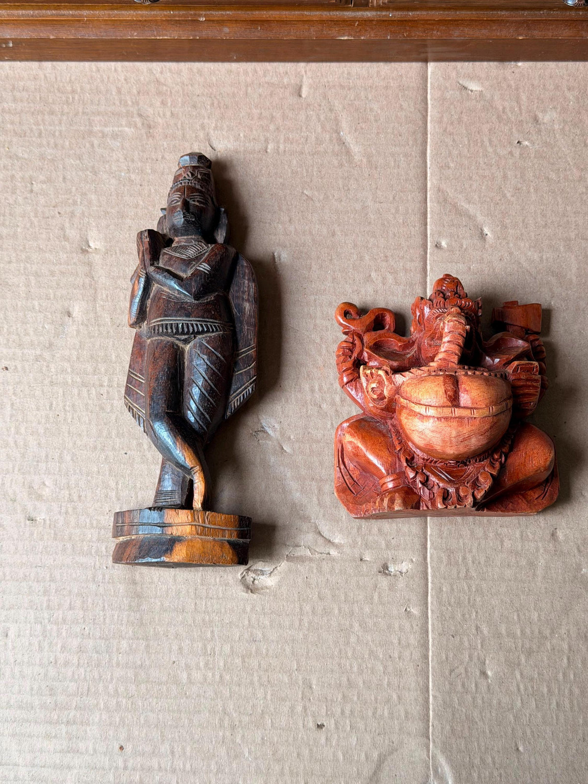 Vintage Carved Wood Hindu Deity Statues Set - Krishna & Ganesha India Idols