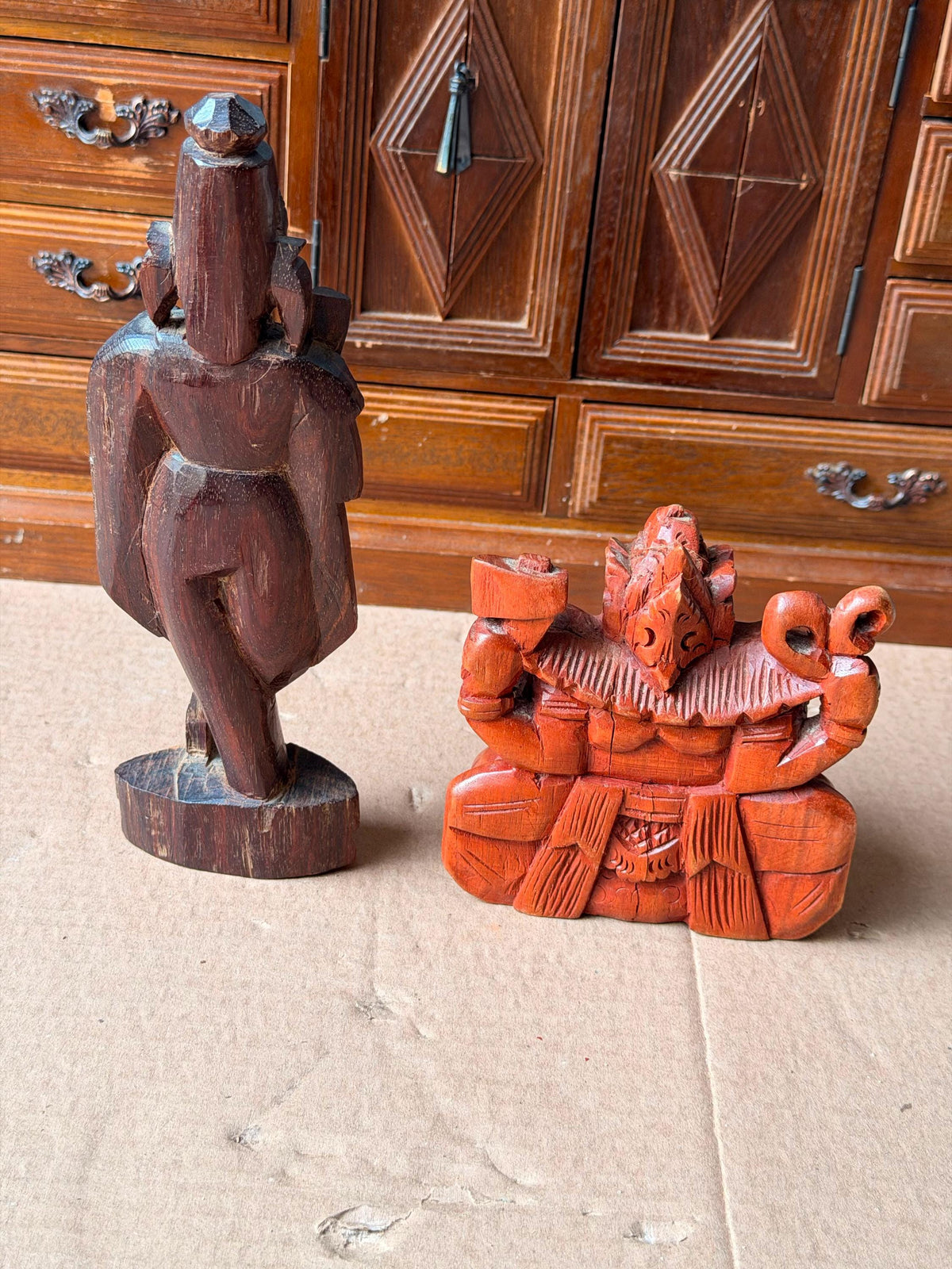 Vintage Carved Wood Hindu Deity Statues Set - Krishna & Ganesha India Idols