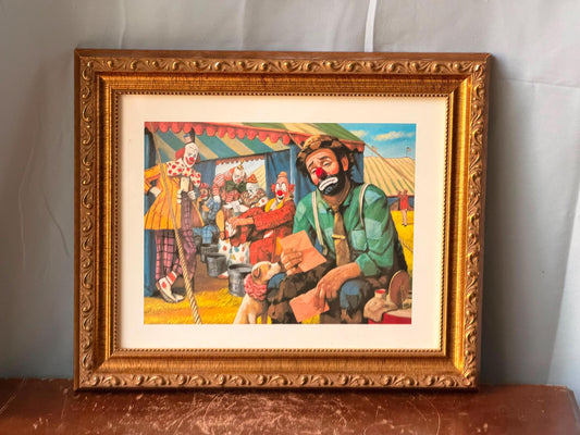 Vintage Framed Circus Clown Art Print - Sad Tramp Hobo Backstage Lithograph
